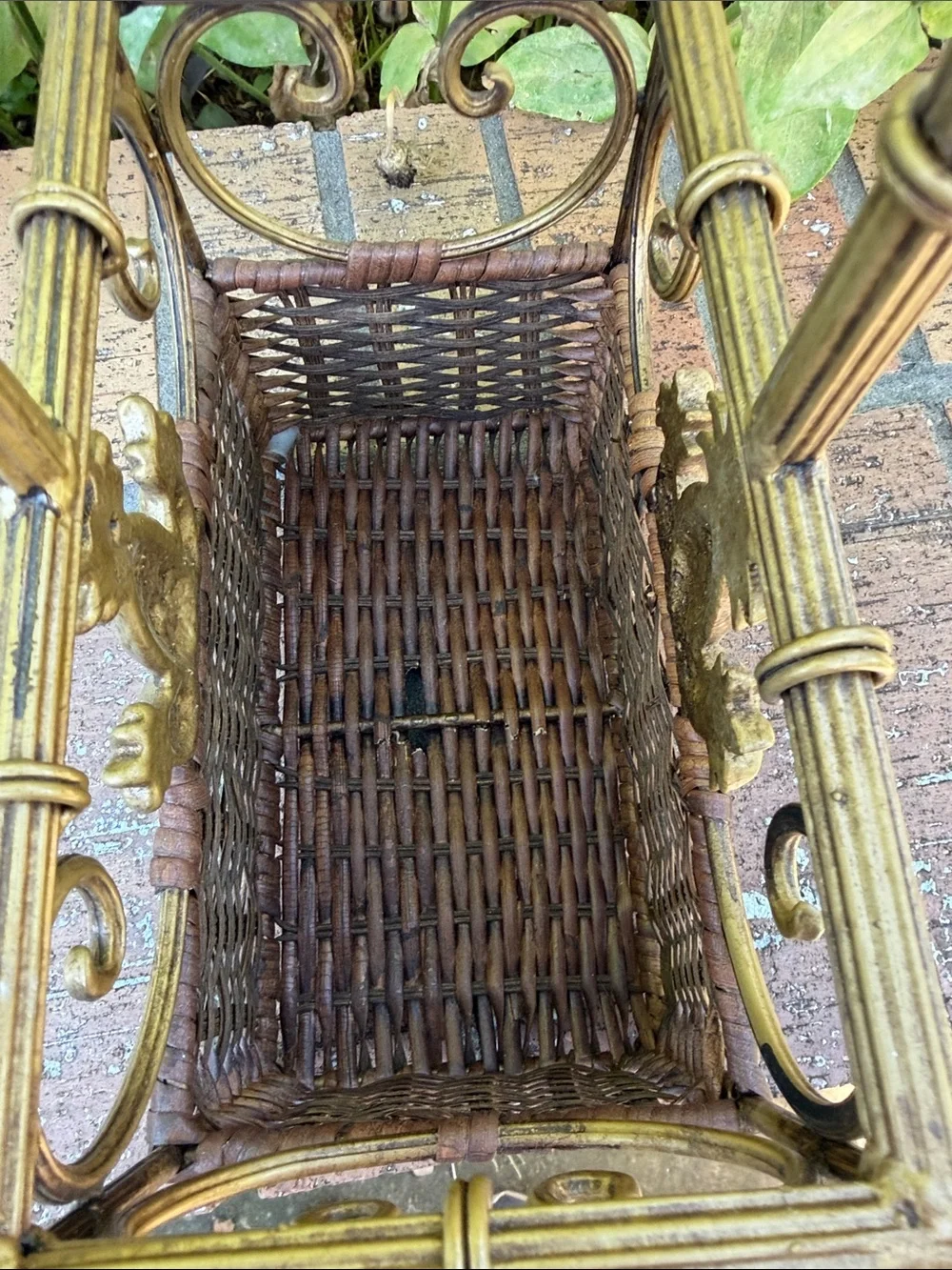 Vintage Wicker and Gold Metal Pineapple Accent Basket, Heavy- Brown and Gold